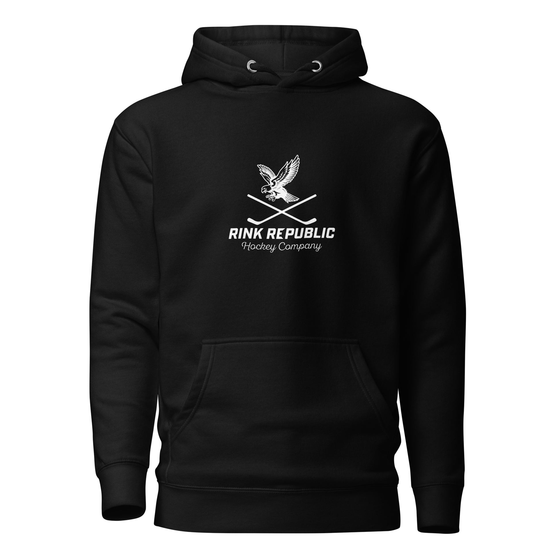 Introducing the Rink Republic Eagle Logo Hoodie, a testament to the indomitable spirit of the hockey enthusiast. This iconic garment proudly features our distinctive