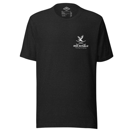 Introducing the Rink Republic Eagle Logo Tee – where power meets style in a feathered frenzy! Our iconic eagle logo takes flight, perched proudly over your heart, 